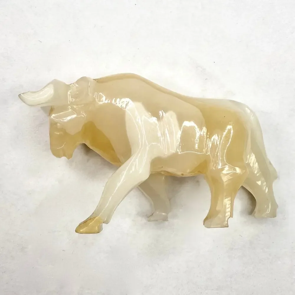 Vintage Hand Carved White Onyx Bull Figurine